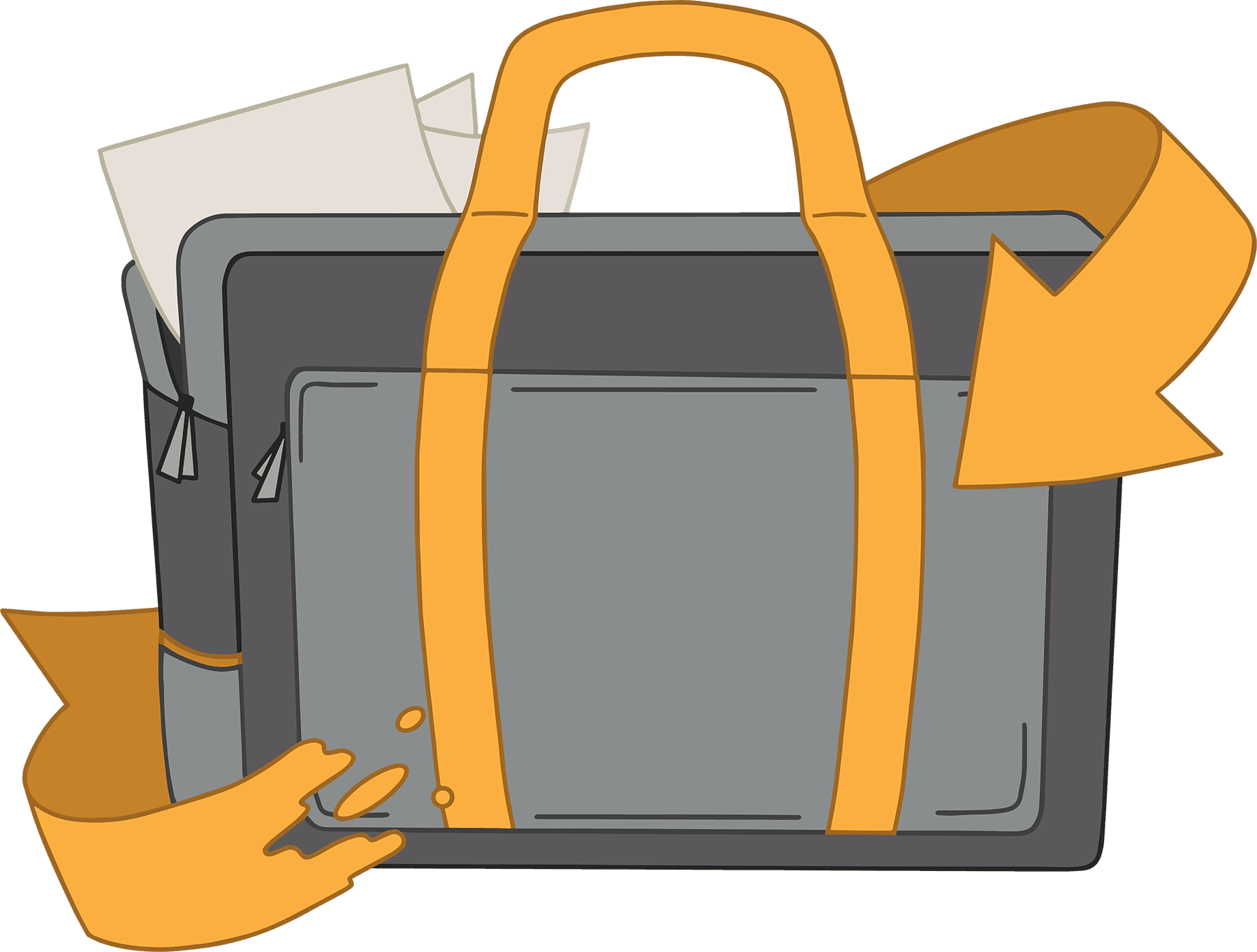 An open briefcase with scattered papers inside and arrows surrounding it