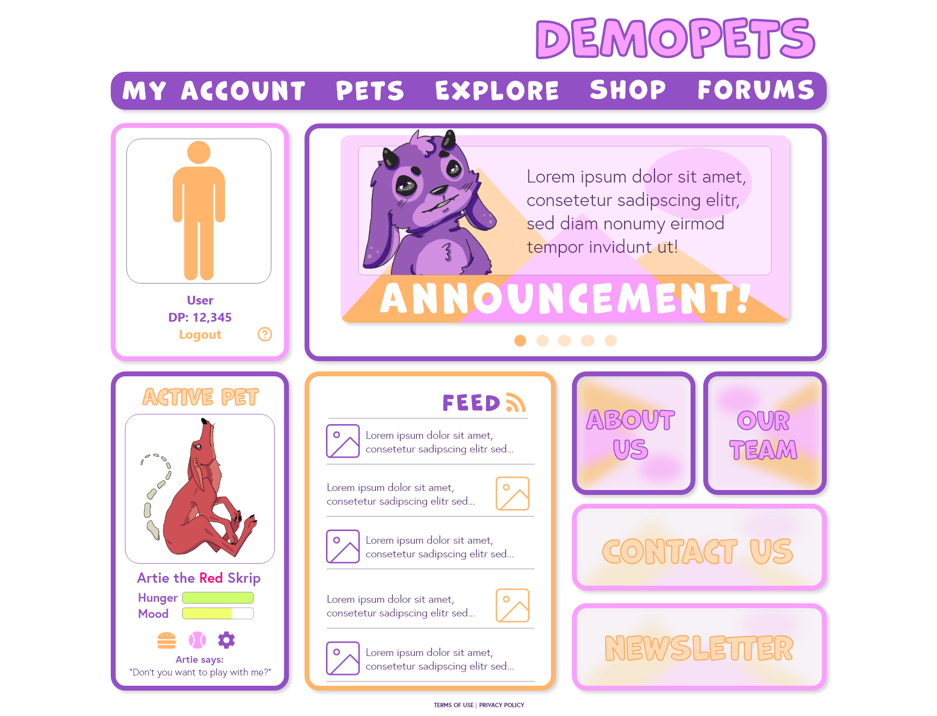 Demopets homepage mockup